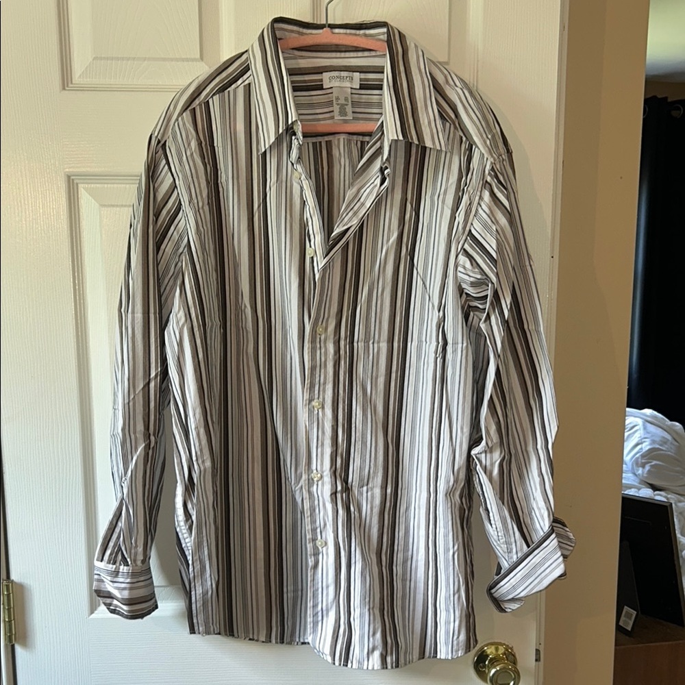 Claiborne White and Brown Casual Button Down Shirt
